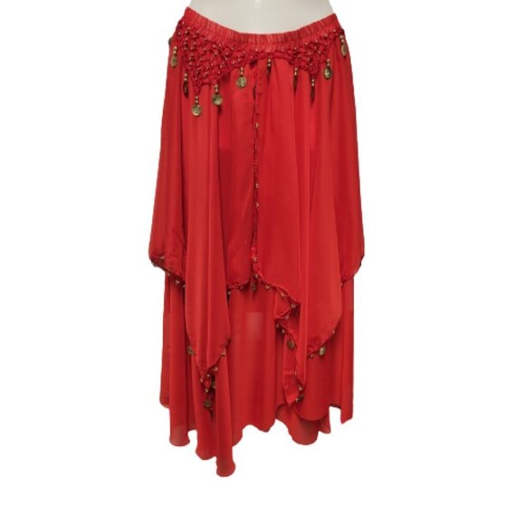 Red Belly Dance Performance Costume Sequin Beaded Skirt Elastic Waistband NEW - Picture 1 of 4